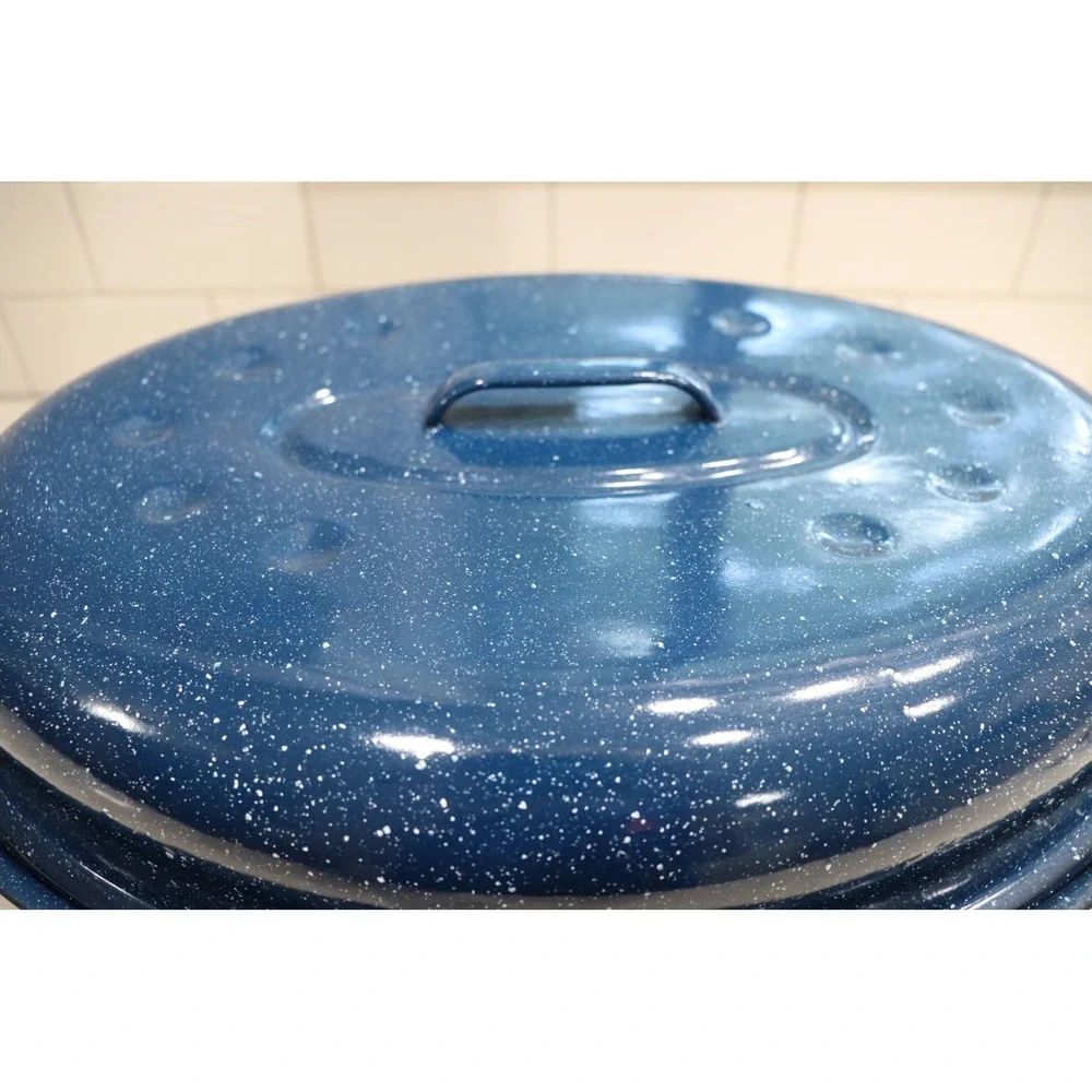 Blue Speckled Enamelware Oval Roasting Pan with Lid 16 Inch Turkey Roaster